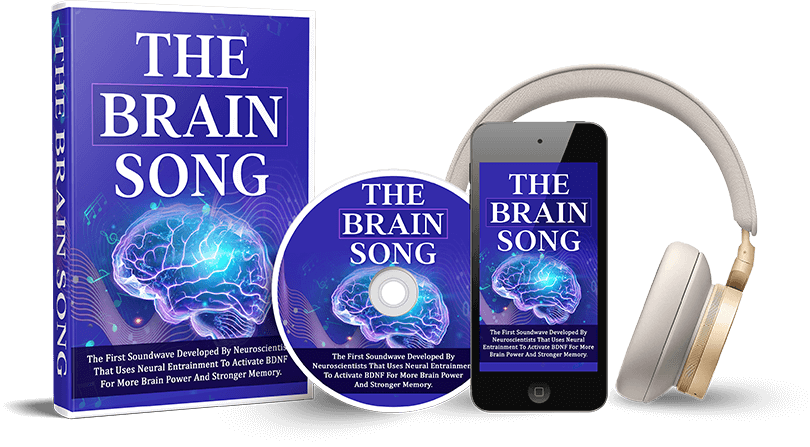 The Brain Song program shown on book, CD case, smartphone and headphones