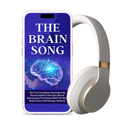 The Brain Song 12-minute audio program shown on a smartphone with stereo headphones